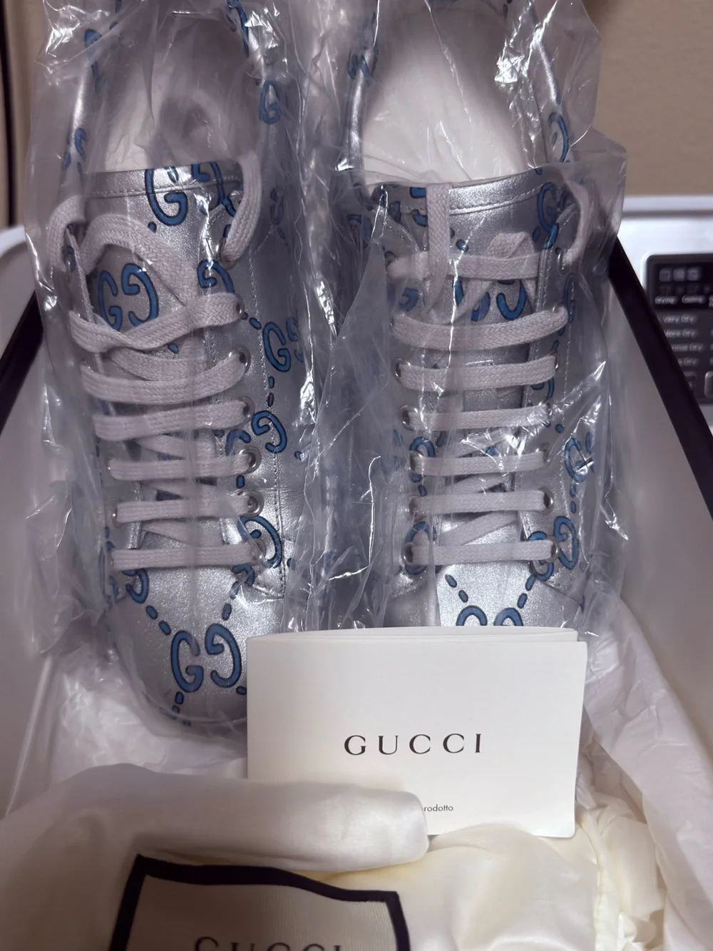 Gucci Silver Sneakers with Blue GG Logo - Men's